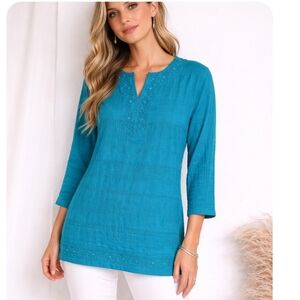 Alfred Dunner Teal Embroidered Tunic M